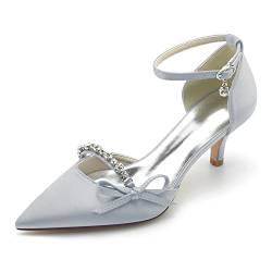 HFWXYSA Damen-Pumps mit spitzem Zehenbereich, mittelhoher Absatz, Satin, Knöchelriemen, Brautschuhe, Abendparty, Hochzeitskleid, Pumps mit Strasssteinen, silber, 37 EU von HFWXYSA