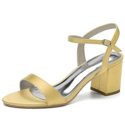 HFWXYSA Damen-Sandalen mit Absatz, offener Zehenbereich, Knöchelriemen, Brautschuhe, Slingback, klobiger Blockabsatz, Party, Hochzeitskleid, Pumps, gold, 38 EU von HFWXYSA