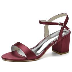 HFWXYSA Damen-Sandalen mit Absatz, offener Zehenbereich, Knöchelriemen, Brautschuhe, Slingback, klobiger Blockabsatz, Party, Hochzeitskleid, Pumps, weinrot, 42 EU von HFWXYSA