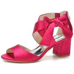 HFWXYSA Damen Sommer Peep Zehensandalen Knöchelriemen Pumps Satin Blockabsatz Brautschuhe,Fuchsia,40 EU von HFWXYSA