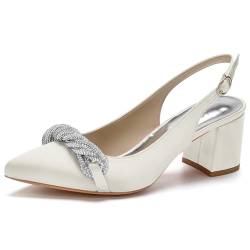 HFWXYSA Frauen Blockabsatz Brautschuhe Pumps Satin Strass Spitze Zehe Slingback Hochzeit Sandalen,Elfenbein,41 EU von HFWXYSA