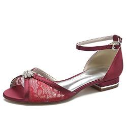 HFWXYSA Frauen Hochzeit Ballerinas Knöchelriemen Offene Zehen Satin Braut Lace Strass D'orsay Hochzeit Flache Brautschuhe,Burgundy,40 EU von HFWXYSA