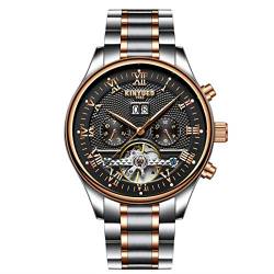 HFWXYSA Herren Automatik Mechanisch Armbanduhr Edelstahl Metallarmband Tourbillon Kalender Leuchtend Zeiger Multifunktionen Armbanduhr Wasserdicht Uhr,Black rose Gold von HFWXYSA