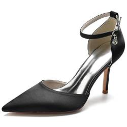 HFWXYSA High Heel Pumps Satin Ankle Strap Riemchen Hoch Spitze Zehen Satin Partei Abendschuhe Hochzeitsschuhe Brautschuhe,Schwarz,41 EU von HFWXYSA