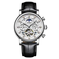 HFWXYSA Mechanische Herrenuhren Mode Automatische Herrenuhr Leder wasserdichte Tourbillon Business Skeleton Uhr,Silver black von HFWXYSA