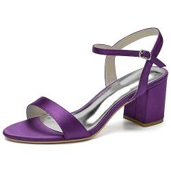 HFWXYSA Sandaletten Damen Offene Zehen Riemchensandalen Blockabsatz Satin Brautschuhe Für Hochzeit,Dark Purple,35 EU von HFWXYSA