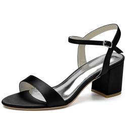 HFWXYSA Sandaletten Damen Offene Zehen Riemchensandalen Blockabsatz Satin Brautschuhe Für Hochzeit,Schwarz,41 EU von HFWXYSA