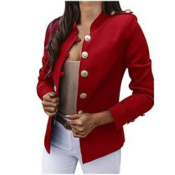 HHMY Sweatblazer Damen - Anzugjacke Mantel Mit Knopfleiste Military Coat Blazer Stehkragen Business Büro Anzug Jacken Slim Fit, Rot, XL von HHMY
