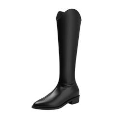 HIKKWXVN Damen-Cowboystiefel, Bequeme, Flache, Kniehohe Stiefel zum Anziehen, spitzer Zehenbereich, Reitstiefel, Lange Herbst-/Winterstiefel,Schwarz,37 EU von HIKKWXVN