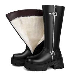 HIKKWXVN Kniehohe Damen-Plateaustiefel, pelzgefütterte Winter-Schneestiefel, mittelhohe Stiefel mit Blockabsatz und Reißverschluss hinten, Lange Stiefel,Schwarz,38 EU von HIKKWXVN