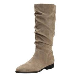 HIKKWXVN Kniehohe Stiefel aus Wildlederimitat für Damen, Flache Stiefel mit flachem Absatz, zum Überziehen, Herbst- und Winterstiefel, Cowboystiefel, Reitstiefel,Khaki,34 EU von HIKKWXVN