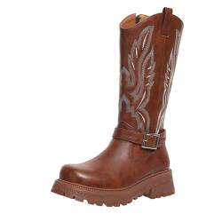 HIKKWXVN Kniehohe Stiefel für Damen mit Plateausohle und quadratischer Zehenpartie, hohe Stiefel, Herbst-Winter-Stiefel mit mittlerer Wade, Western-Cowboystiefel, Reitstiefel,Braun,36 EU von HIKKWXVN