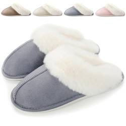 Hausschuhe Damen Herren Winter Plüsch Warm gefüttert Hausschuhe Pantoletten Bequeme Rutschfeste Flache Slippers Grau, 40/41 EU von HILAX