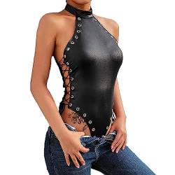 HILEYOLLA Damen Wetlook Body Leder Dessous Set Damen Bodysuit Body Lack Leder BH Rückenfrei Unterwäsche Bodysuit Brust Harness PU Leder Halsband Erotik String Body Unterwäsche Clubwear mit Neckholder von HILEYOLLA