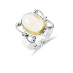 Zitronenquarz Ring Handgefertigter ethnischer Schmuck 925 Sterling Silber Ehering Verlobungsring für Frauen-Männer Boho Vintage Zarter minimalistischer Ring Oval Cabochon Ring H-SR36-7.25 von HIMALYA QUARTZ