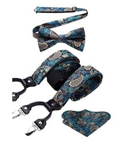 HISDERN Aqua Hosenträger und Fliege Set Herren Blumen Paisley Einstecktuch Y Style hosenträger mit 6 Clips Einstellbar für Hochzeit Anzug von HISDERN