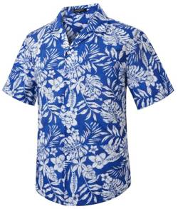 HISDERN Hawaii Hemd Herren Hemden Kurzarm Sommer Funky Hawaii Blatt gedruckt Button Down Kurzarm Kubanische Kragen Strand Hemden für Männer Urlaub Party Blau XL von HISDERN