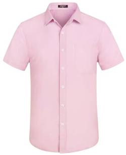 HISDERN Hemd Kurzarm Herren Rosa Baumwolle Leinenhemd Casual Sommer Men Shirt Hemden für Strand Hawaii Hochzeit 2XL von HISDERN