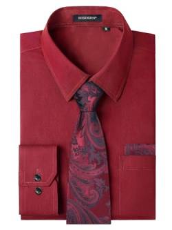 HISDERN Herren Hemd Rot Langarm Einfarbige Hemden mit Krawatte und Taschentuch Formelle Businesshemd Hochzeit Freizeithemd mit Tasche Regular Fit 3XL von HISDERN