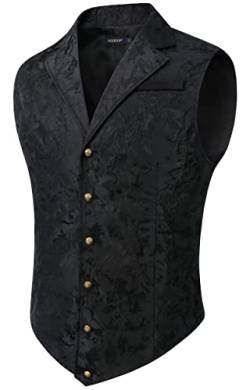 HISDERN Herren Paisley Formelle Weste Schwarz Bedruckt Gothic Steampunk Vintage Revers Weste Glänzend Hochzeit Party Weste für Anzug oder Smoking (Schwarz, M) von HISDERN