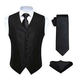 HISDERN Anzugweste für Herren Schwarz Hochzeit Weste und Krawatte und Einstecktuch Set Einfarbige Weste Herren Anzug mit Taschen Party M von HISDERN