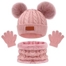 HIULLEN Kinder Wintermütze Schal Handschuhe Set, 3 Stück Beanie Hut Handschuhe Runder Schal Set, Thermo KnitHut Warme Loop Schlauchschal für Jungen Mädchen 2-6 Jahre Outdoor(Rosa) von HIULLEN