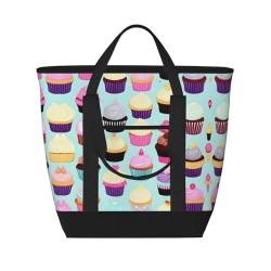 HJLUUFT Cupcake-Muster, Strandtasche, isolierende Kühltasche, wiederverwendbare Isolierung, Lunchtasche, geeignet für das Büro, Schwarz, Einheitsgröße von HJLUUFT