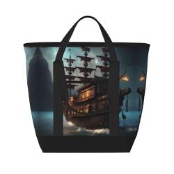 HJLUUFT Fantasy Piratenschiff Damen Strandtasche Isolierung Kühltasche Wiederverwendbare Isolierung Lunchtasche Geeignet für Büro, Schwarz, Einheitsgröße von HJLUUFT