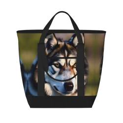 HJLUUFT Lovely Husky Damen Strandtasche, Isolierung, Kühltasche, wiederverwendbare Isolierung, Lunchtasche, geeignet für Büro, Schwarz, Einheitsgröße von HJLUUFT