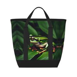 HJLUUFT Strandtasche, Motiv: Frosch, grüne Blätter, Damen, isoliert, Kühltasche, wiederverwendbar, isoliert, Lunchtasche, geeignet für Büro, Schwarz, Einheitsgröße von HJLUUFT