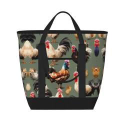 HJLUUFT Strandtasche mit Huhn- und Hahn-Aufdruck, isolierte Kühltasche, wiederverwendbar, isoliert, geeignet für das Büro, Schwarz, Einheitsgröße von HJLUUFT