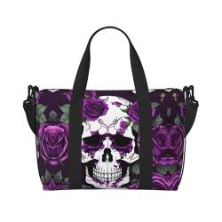 Seesack mit violettem Rosen-Skelett-Design für Reisen, leichte persönliche Gegenstände, Reisetaschen, Turnbeutel für Damen und Herren, Schwarz, Einheitsgröße von HJLUUFT