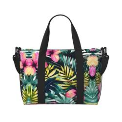 Tropischer Sommer, Hawaii-Blumenpalmenblätter, vielseitige persönliche Gegenstände, Reisetaschen für Damen, geräumige Reisetaschen für Reisen, Turnbeutel für Herren, Schwarz, Einheitsgröße von HJLUUFT