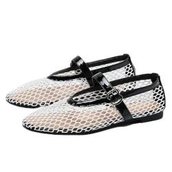 HKFBHFKM Ballerinas für Damen, Mesh-Ballerina-Schuhe, Sommer-Fischnetz-Flachsandalen mit verstellbarem Schnallenriemen(Black white,40 EU) von HKFBHFKM