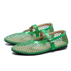 HKFBHFKM Ballerinas für Damen, Mesh-Ballerina-Schuhe, Sommer-Fischnetz-Flachsandalen mit verstellbarem Schnallenriemen(Green,43 EU) von HKFBHFKM