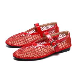 HKFBHFKM Ballerinas für Damen, Mesh-Ballerina-Schuhe, Sommer-Fischnetz-Flachsandalen mit verstellbarem Schnallenriemen(Red,41 EU) von HKFBHFKM