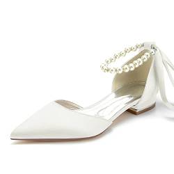 HKMFLYY Damen Spitze Zehe Perle Hochzeit Flats für Braut Bequeme Hochzeit Schuhe Low Heels Strass Braut Flats Abend Prom Party Kleid Schuhe Pumps, Elfenbein, 40.5 EU von HKMFLYY