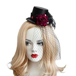 Fascinator Hut Damen Haarclip mit Haarspange Haarreif Mesh Haarschmuck mit Feder Mütze Rose Hut Gotik Kopfschmuck Vintage Stirnband Sexy kopfbedeckung Spitze Mütze Party Cosplay Cocktail Tanzabend von HKSCKJ