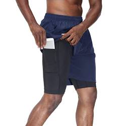 HMIYA Herren 2 in 1 Shorts Fitness Sporthose Kurz Jogginghose Schnelltrocknende Laufhose mit Kompressionsshorts und Taschen Reißverschlussfach(Marine,EU-L/US-M) von HMIYA