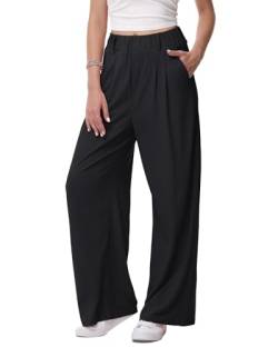 HMIYA Weite Hosen Damen-Lässig Locker Stoffhose Leichte Palazzo Hose Hohe Taille Dünne Herbst Hosen mit Tasche,Schwarze,XL/30L von HMIYA