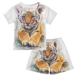 HMZXZ Kinder Kurze Pyjama-Set Niedlich Tiger Malerei Mädchen Jungen Schlafanzug Set Baumwolle Sommer Nachtwäsche-Set Tiere Tiger von HMZXZ