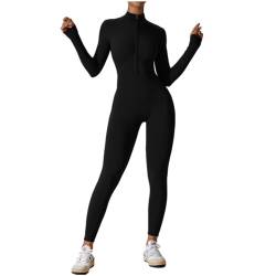 HOMDECR Damen Sport Jumpsuit Lang Eng Yoga Overall Langarm V-Ausschnitt Playsuits Mit Reißverschluss Jogging Strampler Hosenanzug Trainingsanzug (Schwarz,M) von HOMDECR