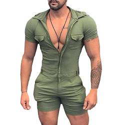 Herren Sommer Kurze Jumpsuit Einfarbig Spielanzug Männer Playsuit Hosenanzug Casual Strampler Einteiler Reißverschluss Sportbekleidung Jogginganzug Kurze Hose Kurzarm Overall Onesie mit Taschen M von HONGBI