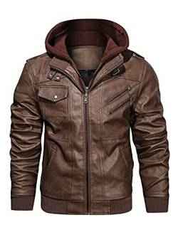 HOOD CREW Lässige Biker Lederjacke aus Kunstleder für Herren mit abnehmbarer Kapuze von HOOD CREW