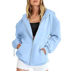 HOOUDO Hoodie Damen Sweatjacke Oversize Zip Up Hoodie Kapuzenjacke Casual Pullover Oberteile Kapuzenpullover Herbst Winter Sweatshirt Jacke mit Kapuze Einfarbiges lässiges Sweatshirt von HOOUDO