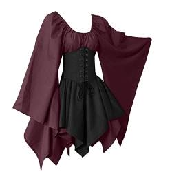 HOOUDO Mittelalterlicher Rock Lang Damen Mittelalterliches Kostüm für Damen, Trompetenärmel, irisches Hemdkleid mit Korsett, traditionelles Kleid, Halloween, Frauen, Cosplay-Kostüme, Schwarzes Kleid von HOOUDO