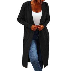 HOOUDO Strickjacke Damen Modern mit Kapuze, mittellang Oberteil Damen Schwarz (Black, XL) von HOOUDO