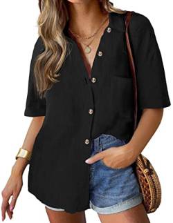 Hotouch Bluse Damen Kurzarm Hemd Einfarbig V-Ausschnitt Hemdbluse Elegant Tops Basic Oberteile mit Knöpfen Casual Arbeit Bluse für Damen Schwarz M von Hotouch