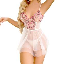 HOTSO Tüll Nachtkleid Nachthemd, Kleid Nachtwäsche Tief V-Ausschnitt Lingerie Verstellbarer Schultergurt Pyjamas Split Baby Dolls Damen Negligee Sexy Reizwäsche G-String (L-XL) von HOTSO