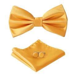 HOULIFE Fliege Herren Set - Verstellbare Fliege aus Satin Polyester Vorgebunden Fliege, einfarbige Einstecktuch, Manschettenknöpfe Set für Bräutigam Hochzeit mit Geschenkbox, Gelb von HOULIFE